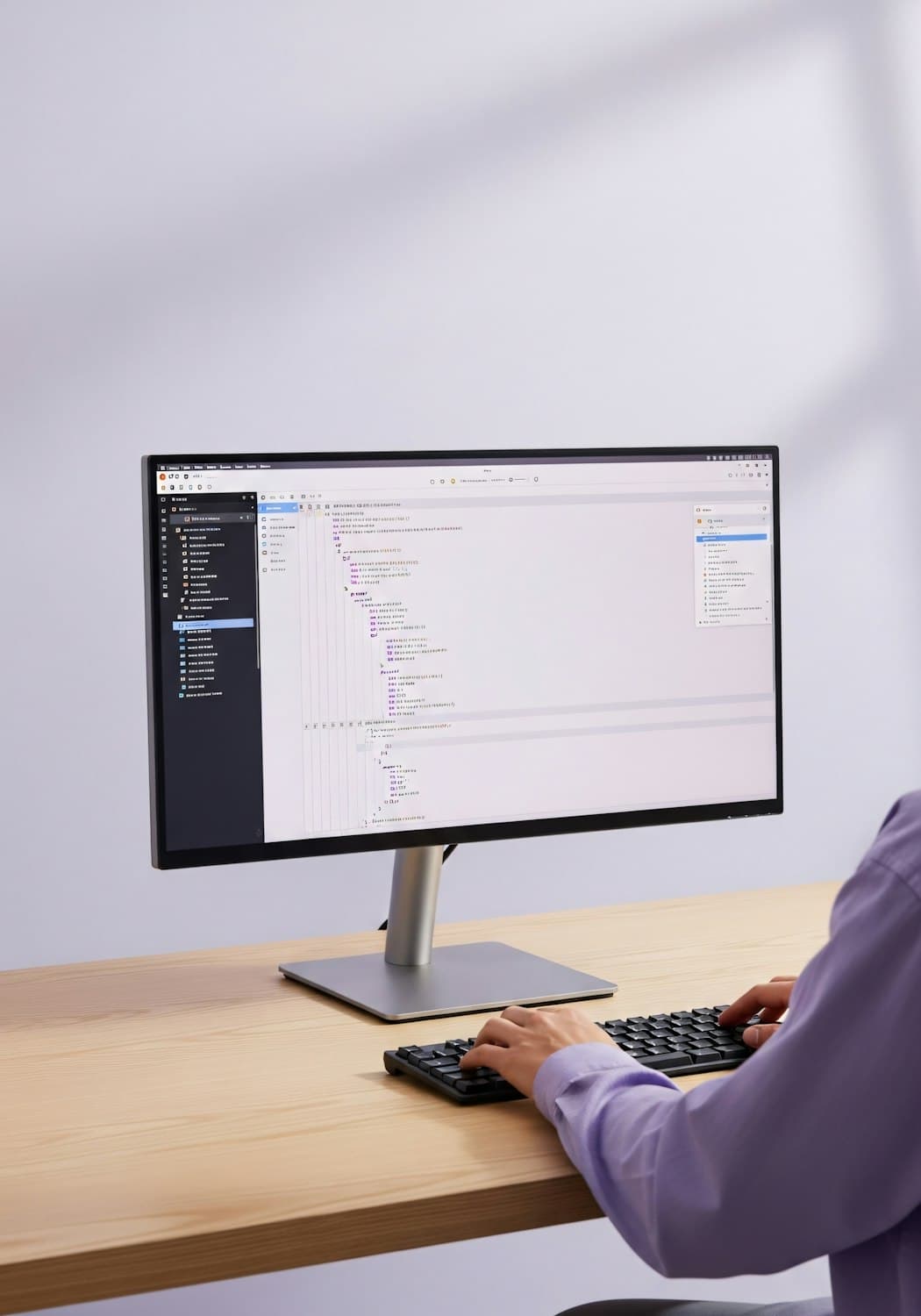 A software developer's desk with code open on the screen